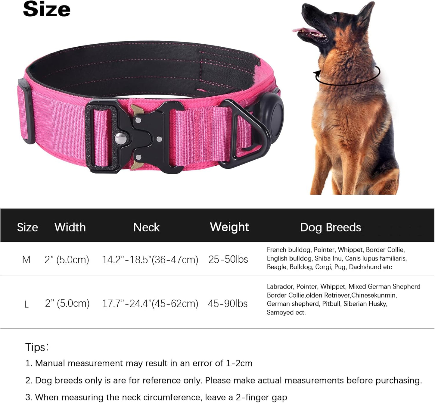 AirTag Dog Collar, 2" Wide Tactical Military Dog Collar with AirTag Holder & 3 Pet Patches, Soft Padded Reflective Waterproof Nylon Collar with Metal Buckle for Medium Dogs (Hot Pink, M)