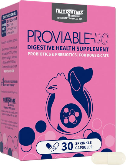 Nutramax Proviable Probiotics for Dogs and Cats, Daily Digestive Health Supplement with Multiple Strains of Bacteria, Cat and Dog Probiotics Plus Prebiotics, 30 Capsules