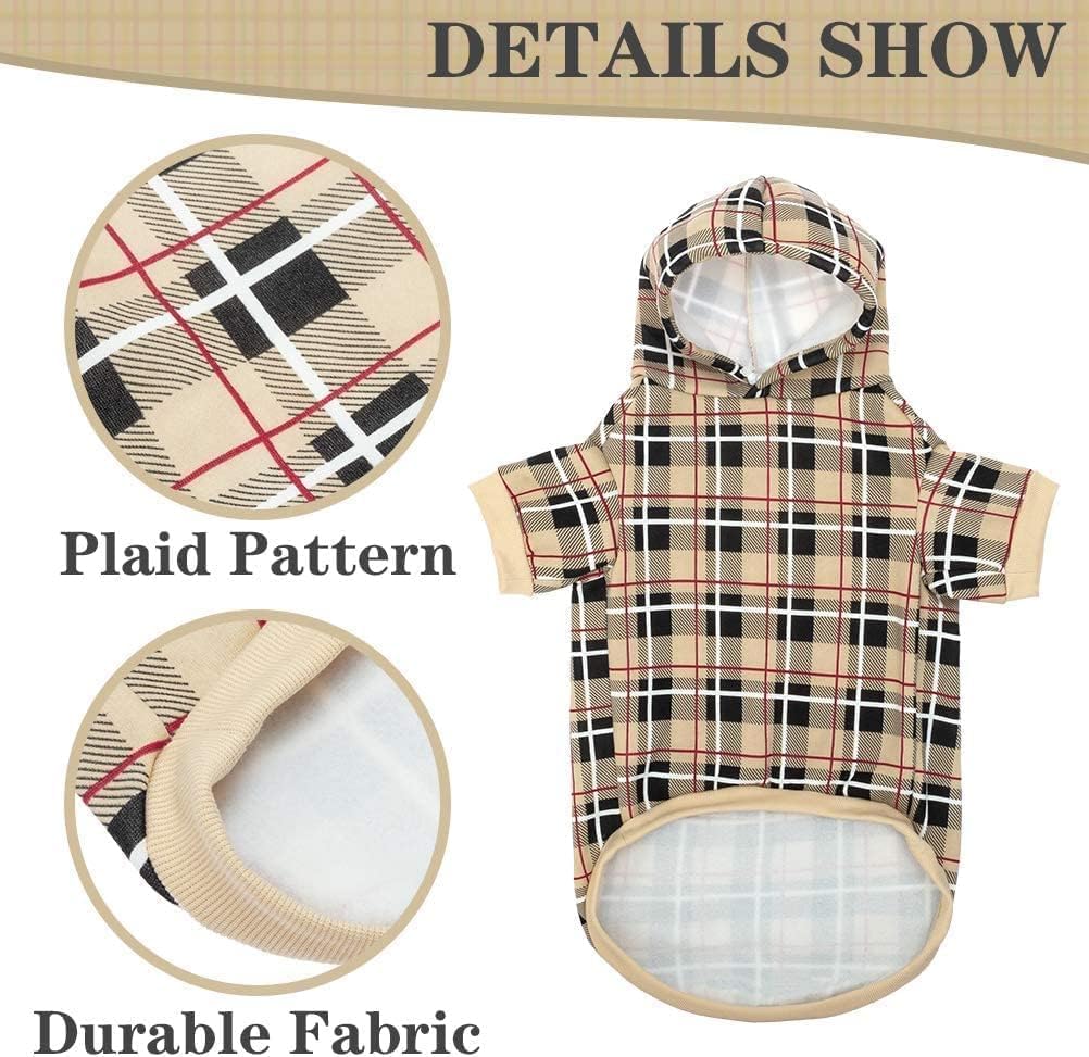 EXPAWLORER Plaid Dog Hoodie - British Style Warm Dog Sweater Shirt with Leash Hole,Pitbull Clothes Outfits,Winter Coat Apparel for All Breeds Puppy Girl Boy-Cat Apparel,Beige Small