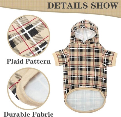 EXPAWLORER Plaid Dog Hoodie - British Style Warm Dog Sweater Shirt with Leash Hole,Pitbull Clothes Outfits,Winter Coat Apparel for All Breeds Puppy Girl Boy-Cat Apparel,Beige Small