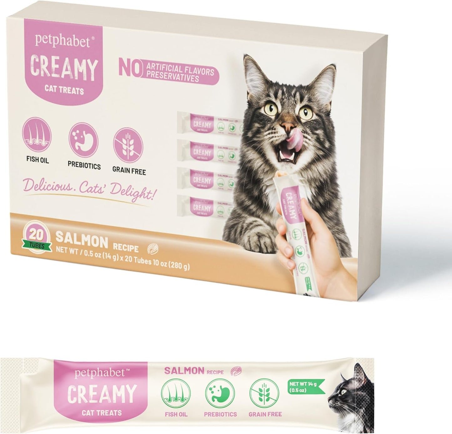 PETPHABET Lickable Cat Treats Squeeze, Creamy Puree Squeezable Wet Kitten Treats, Salmon Recipe 20 Tubes, Paste Snacks for Skin & Coat Health, Digestive Care, High Protein, Grain Free