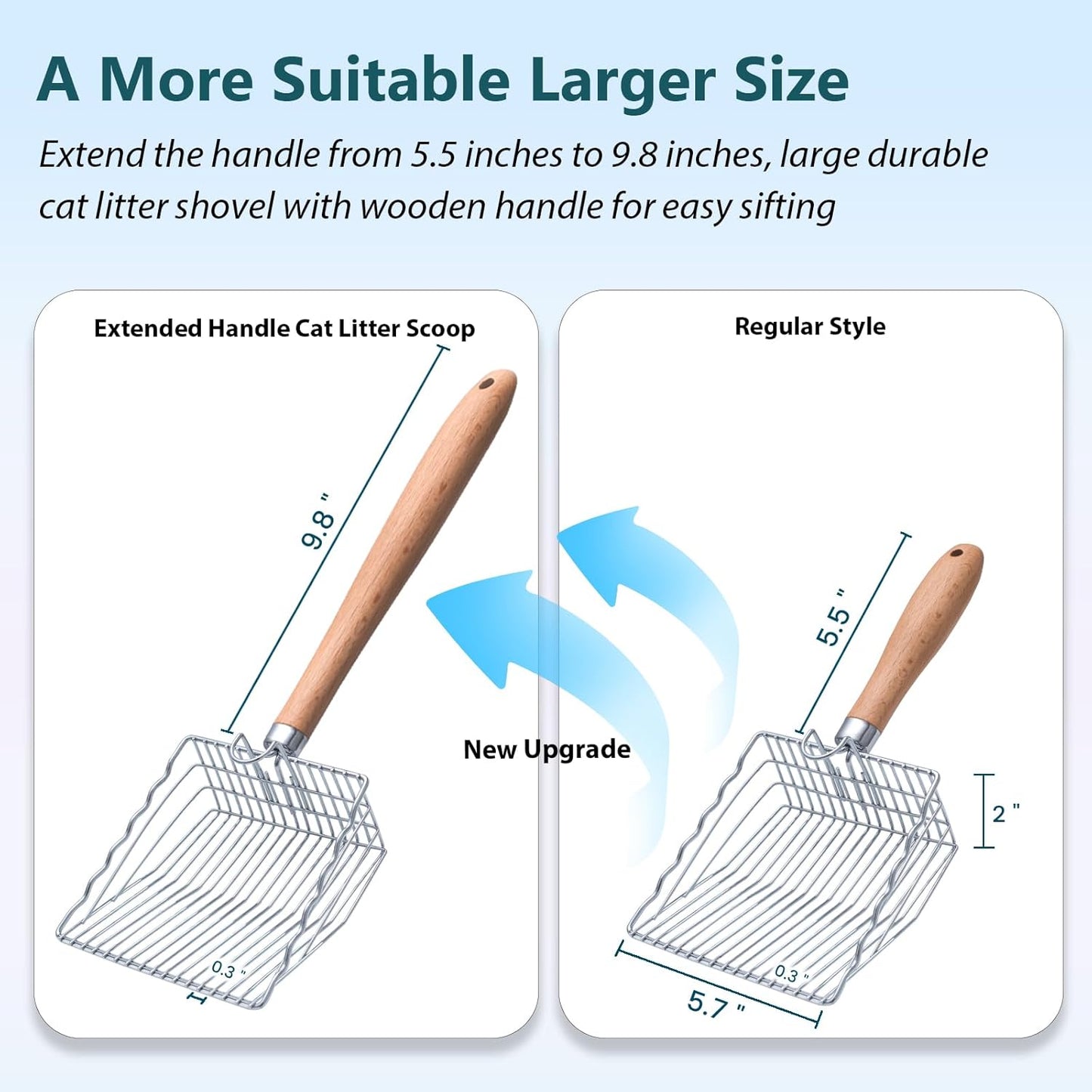 Cat Litter Scoop, 9.8" Extended Handle Premium Kitty Shovel with Hook and Hole, Metal Sifter Scooper Stainless Steel for Easy Cleaning, Durable and Heavy Duty, Odor-Free for Litter Box