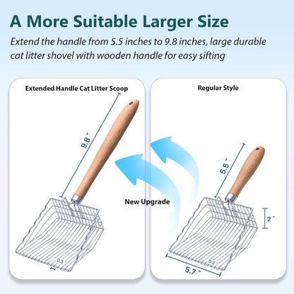 Cat Litter Scoop, 9.8" Extended Handle Premium Kitty Shovel with Hook and Hole, Metal Sifter Scooper Stainless Steel for Easy Cleaning, Durable and Heavy Duty, Odor-Free for Litter Box