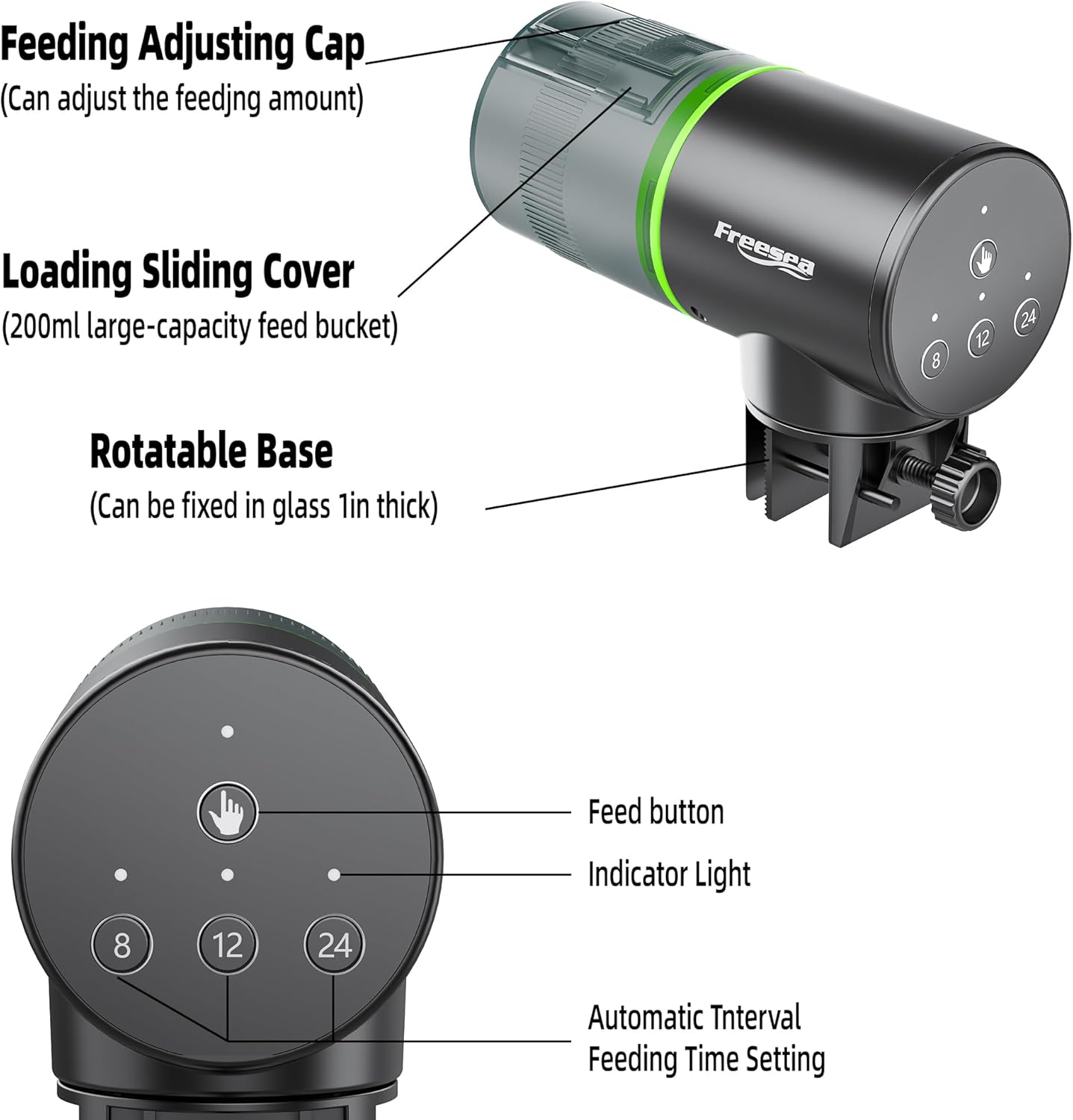 FREESEA Automatic Fish Feeder for Aquarium: Auto Fish Food Dispenser with Timer for Small Tank Betta Turtle - Battery Vacation Self Feeding for Flakes