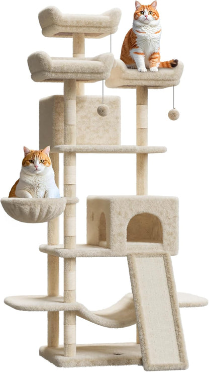 68.5" Heavy Duty Multi-Level Cat Tree Tower for Large Indoor Cats 20 lbs+, Soft Condo, Sisal Scratching Posts, Hammocks, Basket, Dangling Ball, Perches, Activity Platform – Beige, 2605 Model