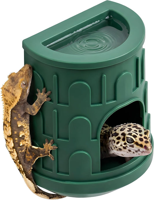Wall Mount Reptile Hide Cave with Food Bowl for Terrarium Habitat Setup, Cute Hide with Treats Bowl, Essential and Safe Hideout for Gecko, Spider, Lizard, Hamster, Crab