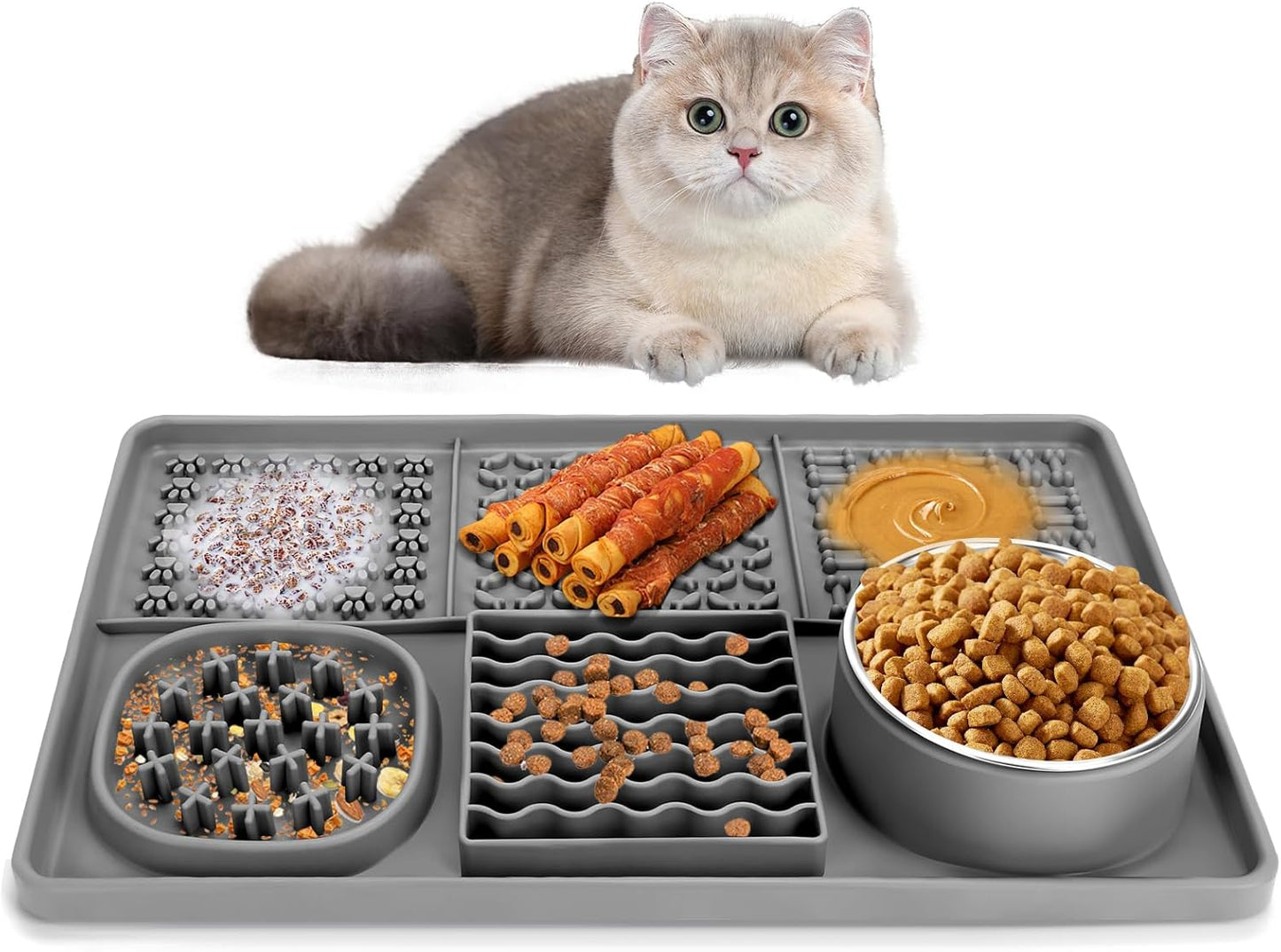 Dog Lick Mat for Small Dogs Cats, 13.8 x 9 Inches Silicone Slow Feeder Dog Licking Mat with Bowls, Peanut Butter Feeding Mat for Anxiety Relief, Reduce Boredom, Improve Eating Habit (Grey)