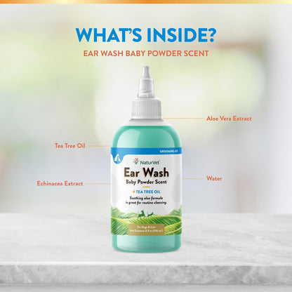 NaturVet Ear Wash w/Tea Tree Oil (Aloe & Baby Powder Scent) 8 oz