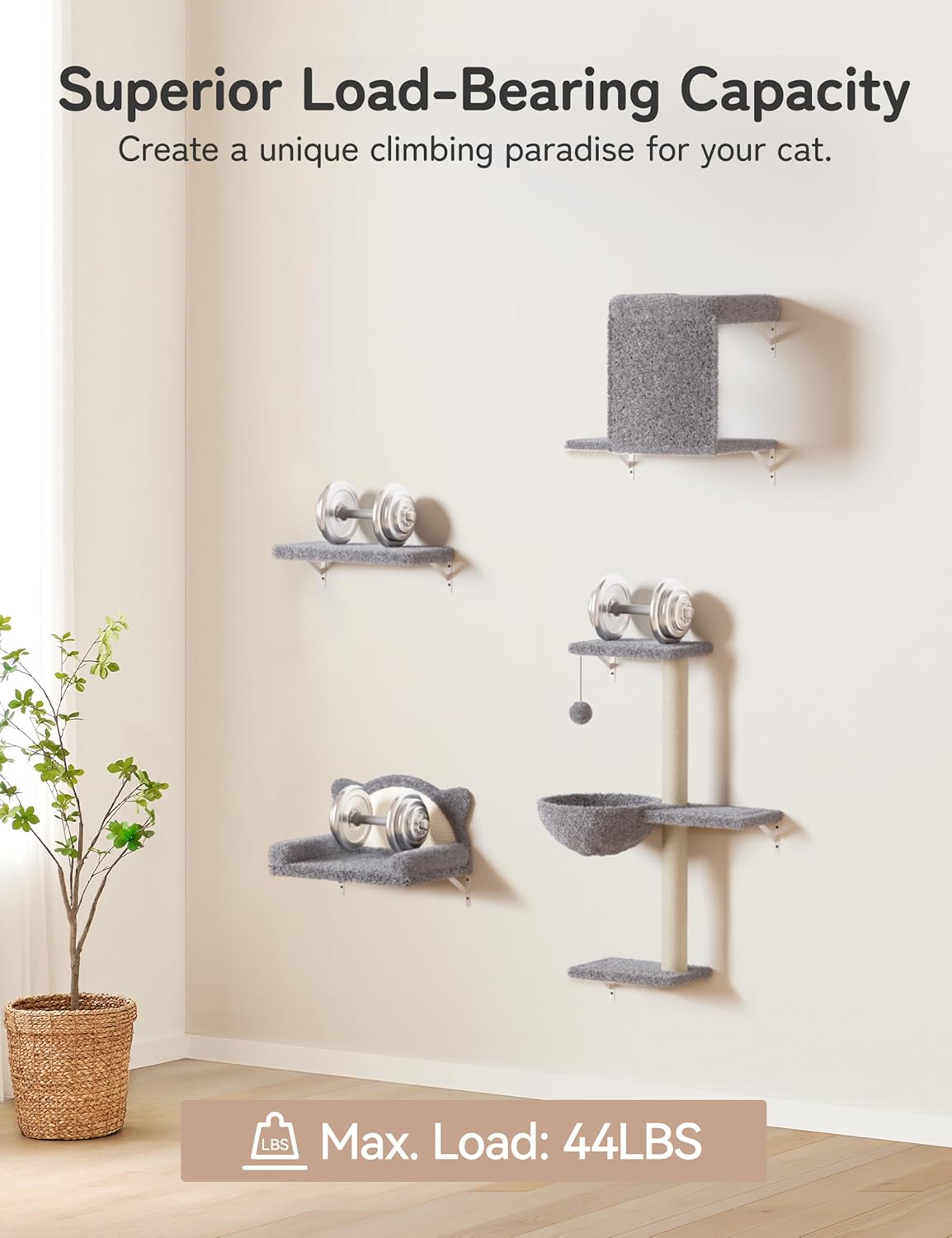 5-in-1 Cat Wall Shelves, Solid Wood & Velvet & Sisal Scratcher, 44lbs Max Load, Wall Mounted Cat Furniture for Climbers, Cat Climbing Wall System, Fits Drywall & Solid Walls - Light Gray