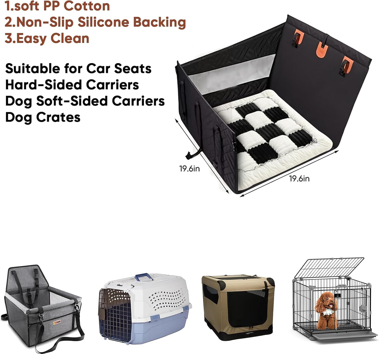 Dog Car Seat Cushion for Carriers & Crates, Pet Travel Mat with Non-Slip Backing, Soft PP Cotton Filled Dog Bed for Car Seats, Hard & Soft Carriers, Pet Crates, Machine Washable (19.6"x19.6")