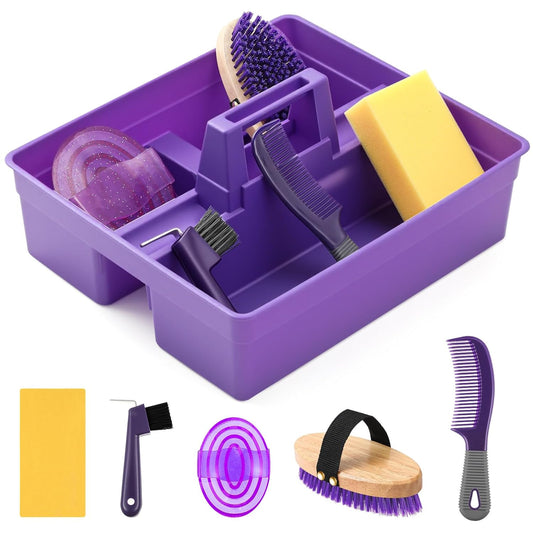 Abbylike 6 Pieces Horse Grooming Tote Kit Plastic Storage Grooming Bag for Horses Durable Tote Tack Box Organizer with Handle Horse Brush Sets Cleaning Caddy Supplies (Purple)