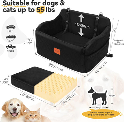Dog Car Seat for Medium/Large Dogs, Memory Foam Pet Booster Seat for Under 55 lbs or 2 Small Dogs, Detachable Washable Dog Car Bed for Backseat with 2 Safety Leashes and Pockets(Black, Large)