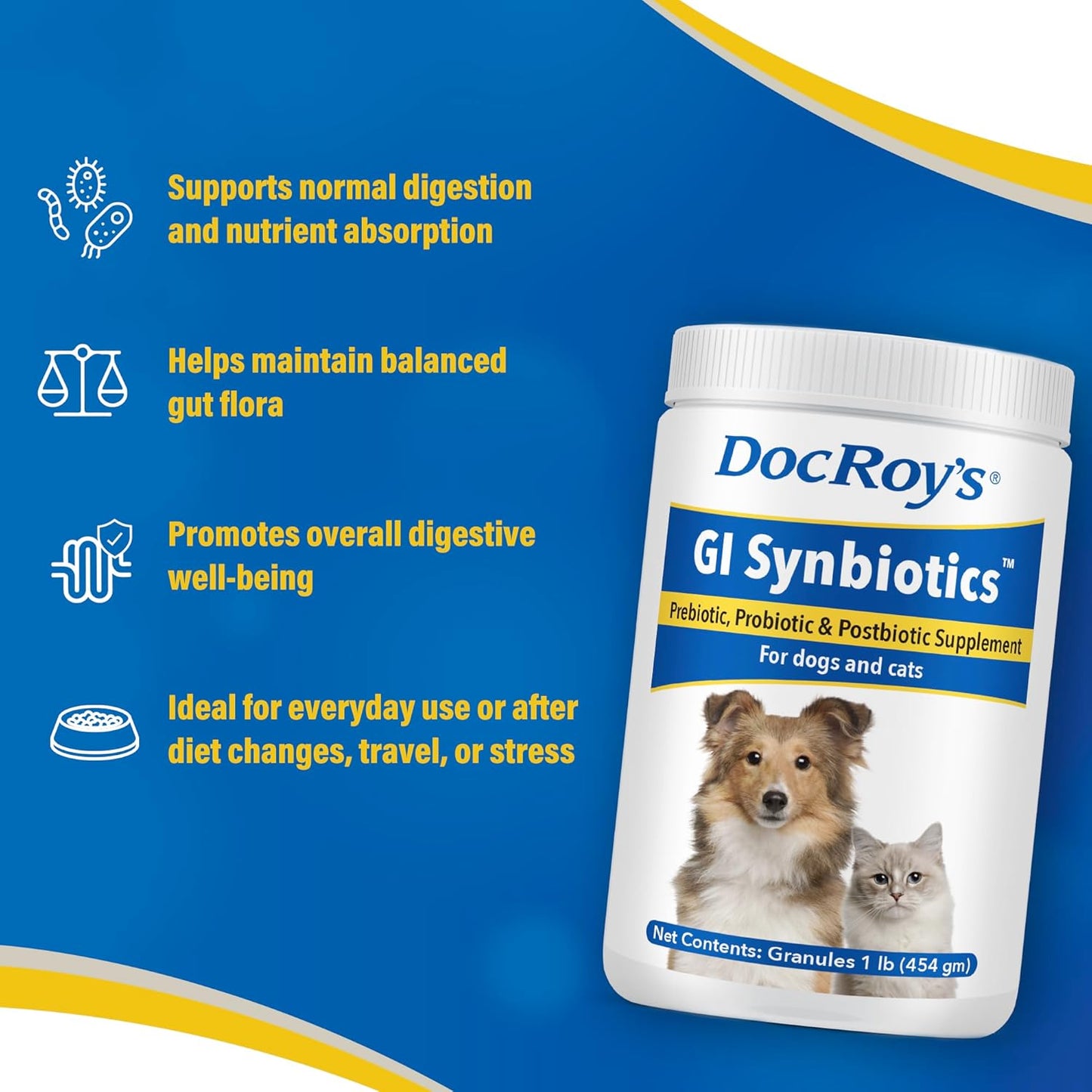 Doc Roy’s GI Synbiotics Probiotic & Prebiotic Granules for Dogs & Cats, Digestive & Immune Health Supplement with Live Cultures, BgMOS & Beta Glucans, Chicken Flavor, 454g Granules