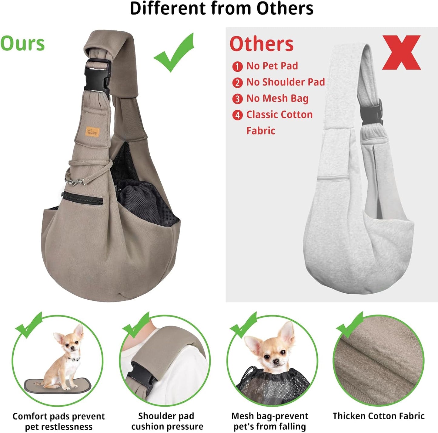 CUBY Dog and Cat Sling Carrier - Hands Free Reversible Pet Papoose Bag - Soft Pouch and Tote Design - Suitable for Puppy, Small Dogs Cats Outdoor (Khaki Senior, Adjust Strap 2.0)…