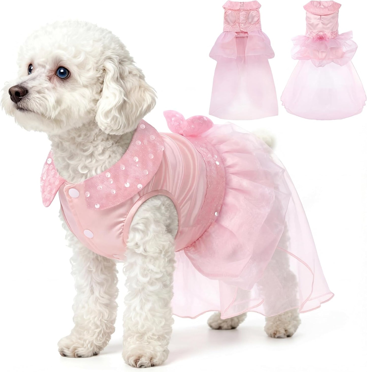 Dog Dress for Small Medium Large Dogs Pet Princess Wedding Dress with Detachable Train Multi-Layer Organza Girl Puppy Tutu Skirt Bowknot Sequin Decor Birthday Cat Clothes(Pink, XS)