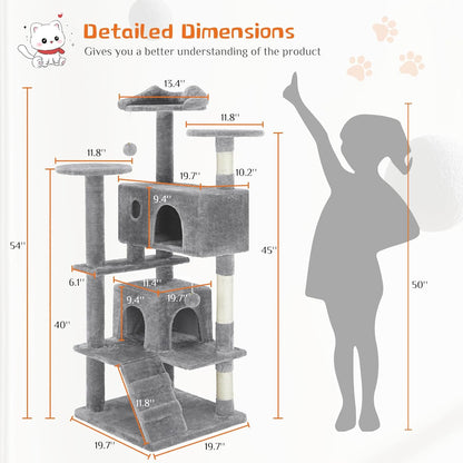 Sweetcrispy 54 Inch Cat Tree Tower, Multi-Level with Cat Scratching Post, Indoor Cat Condo with Climbing Ladder, Plush Toy, Play House for Cat, Light Grey