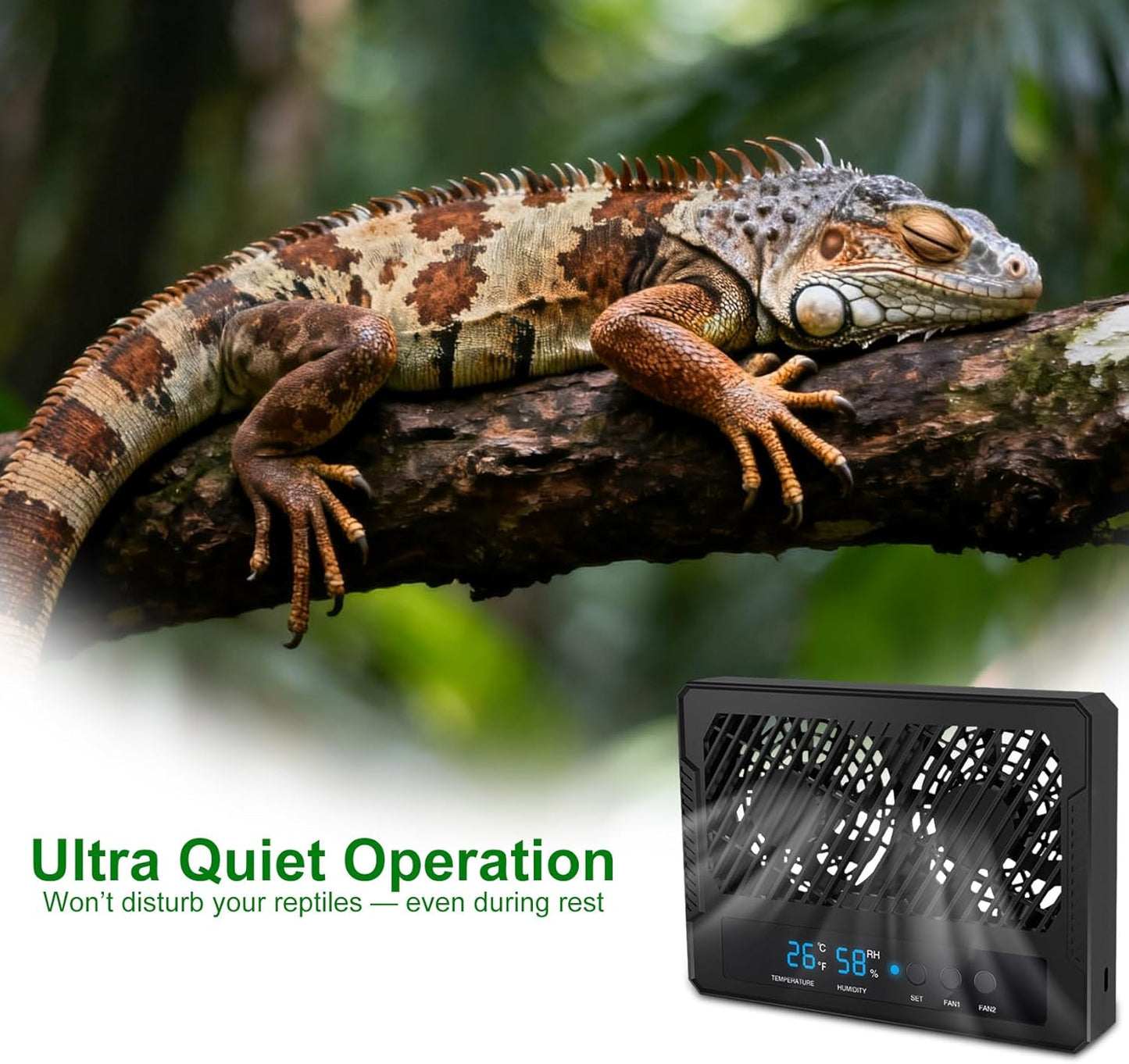Reptile Dual-Head Temperature & Humidity Fan – Quiet Automatic Climate Control with Digital Display for Terrariums, Reptiles & Amphibians