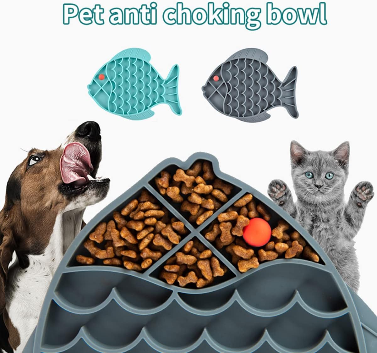 Slow Feeder Cat Bowls, 2 Pack Fish-Shaped Silicone Puzzle Feeders for Healthy Eating & Anxiety Relief - Lick Treat Mat for Dogs & Cats (Blue+Grey)