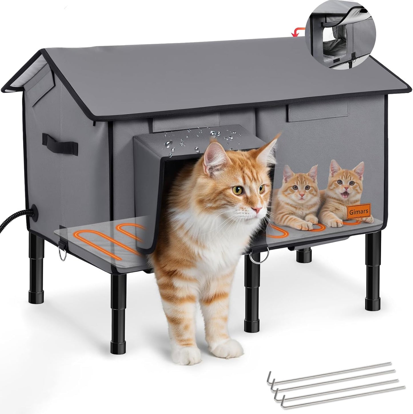 Gimars Upgraded Pitched Roof Indestructible Heated Cat House for Outdoor Cat with Safe Escape Door, 100% Weatherproof Winter Cat Shelter 5.1" Elevated Insulated Stray Feral Cat House with Soft Heater