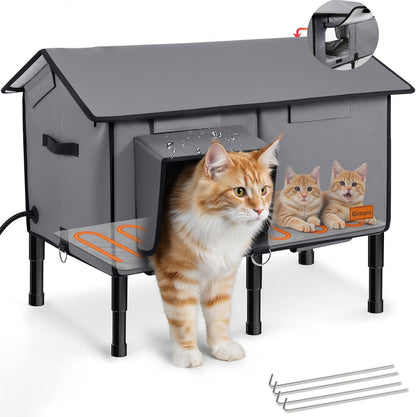 Gimars Upgraded Pitched Roof Indestructible Heated Cat House for Outdoor Cat with Safe Escape Door, 100% Weatherproof Winter Cat Shelter 5.1" Elevated Insulated Stray Feral Cat House with Soft Heater