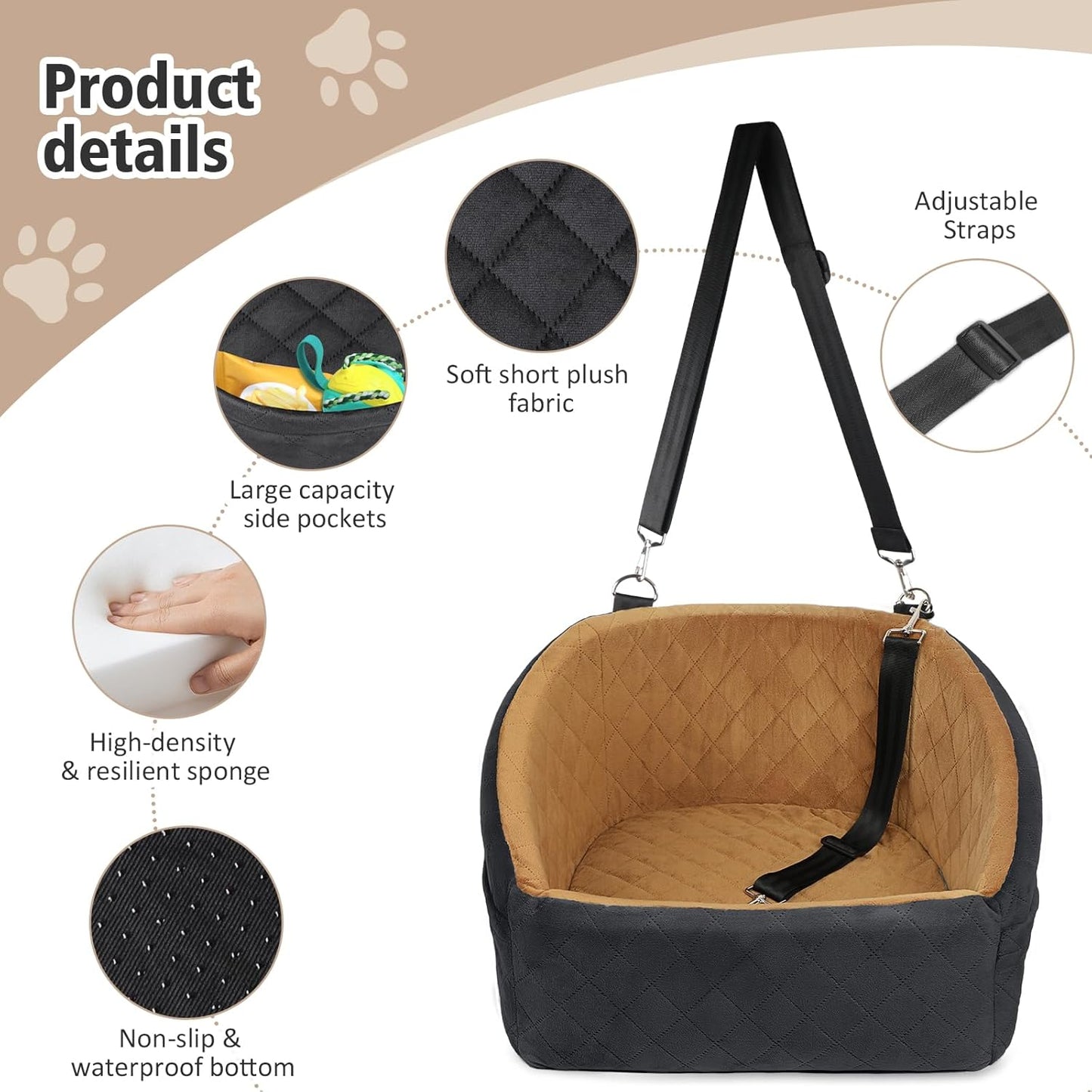 Dog Car Seat for Small Medium Dogs,Detachable Washable Dog Booster Seat Under 30lbs, Pet Car Seat Travel Bed with Storage Pockets and Dog Safety Belt(Black/Brown)