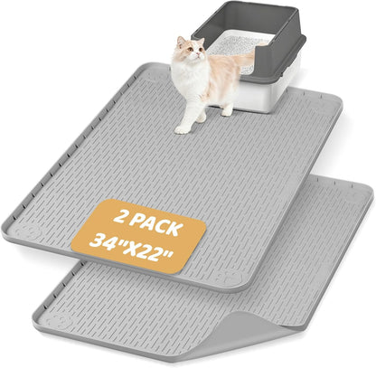 Cat Litter Mat, 2 Pack Large 34" x 22" Silicone Mat Litter Trapping Mat for Scatter Control, Soft on Kitty Paws, Easy to Clean (Light Grey)
