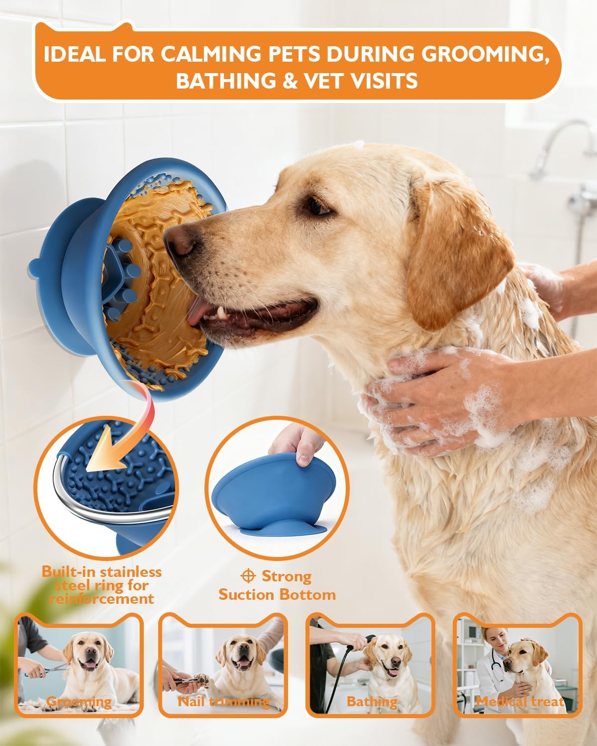 Dog Lick Bowl, Non-Slip Slow Feeder Licking Mat & Treat Dispenser (Wide Bowl Mouth w/Inlaid Stainless Steel Ring) - Interactive Toys, Anxiety Reducer, Freeze Bone for Dogs, BPA Free Silicone (Blue)