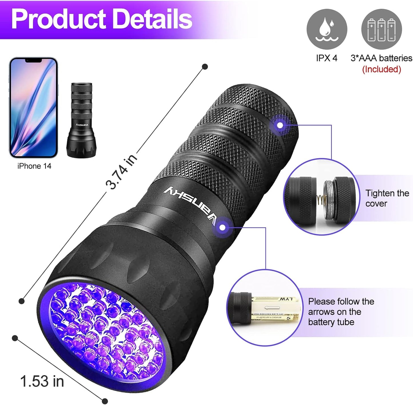 Black Light UV Light Flashlight, 21 LED 395nm Ultraviolet Blacklight Flashlight Mini Pet Urine Detector for Dog/Cat, Dry Stains, Resin Curing, Matching with Pet Odor Eliminator(Batteries are Included)