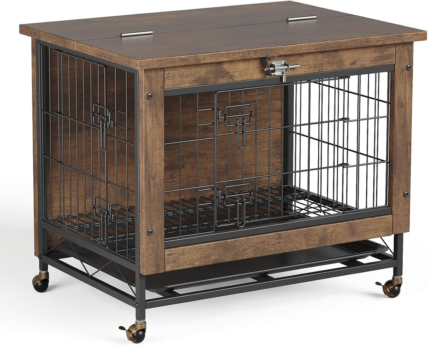 26-Inch Double-Door Pet Crate Furniture, Wooden Dog House with Locking Wheels, Chew-Resistant Indoor Pet Side Table, Rustic Brown Finish, Versatile Pet Housing Solution