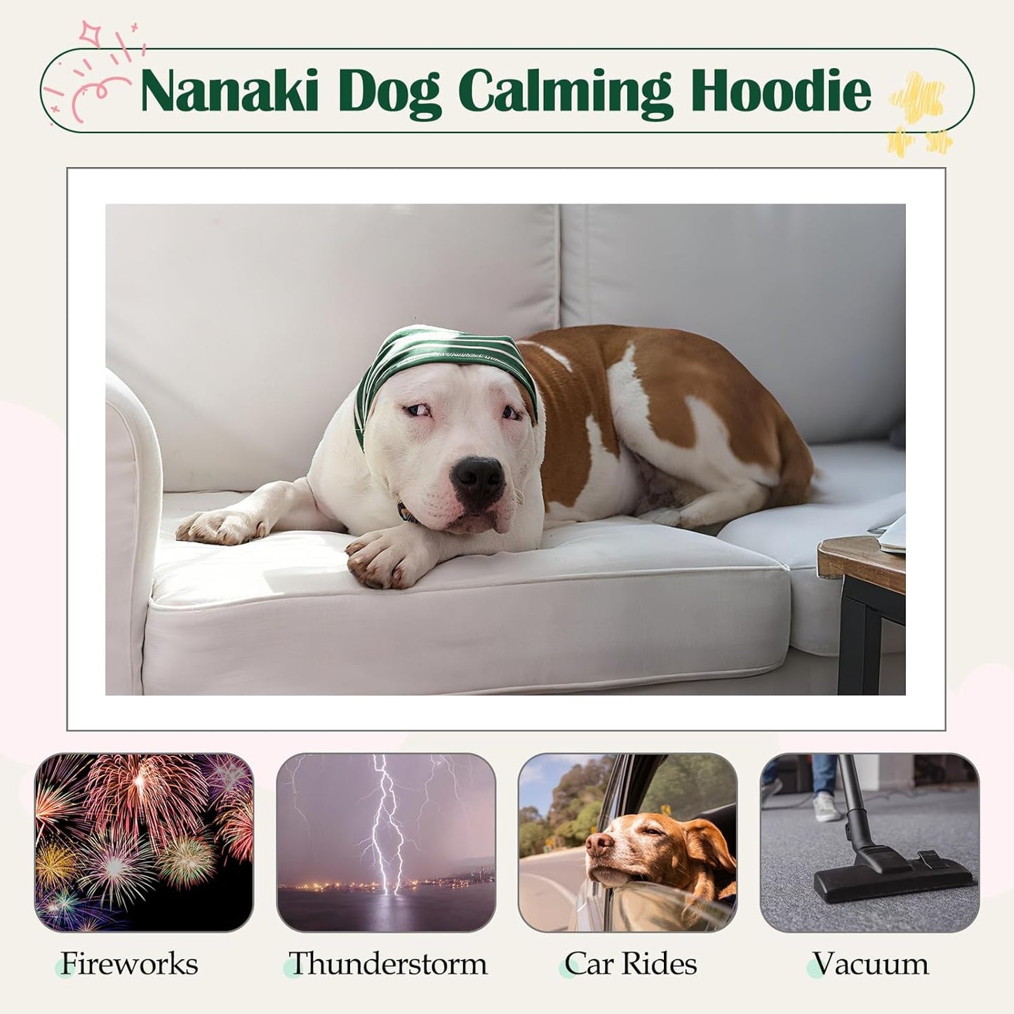Nanaki Calming Hoodie Dog Grooming Ear Cover Anxiety Relief-No Shake Dog Ear Wrap Hematoma, Striped Head Wrap Snoods for Noise Protection, Bath, Fireworks, Thunderstorm, Blow Drying, Warm-Keeping