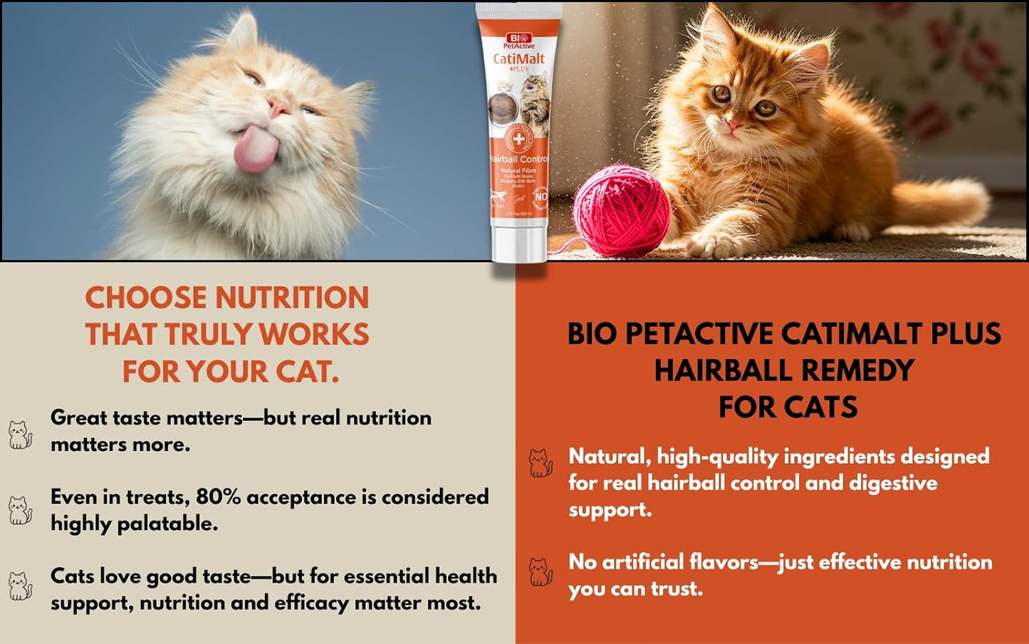 Bio PetActive CatiMalt Plus Hairball Remedy for Cats | All Natural Treats for Relief and Reduce Hair Ball | Kitty & Kitten Furball Control Creamy Gel | Soft Paste – 3.38 oz