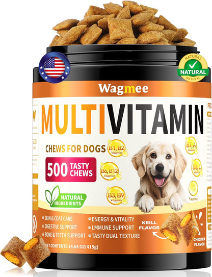 Dog Multivitamin, 500 Crunchy & Tasty Chew - Supports Daily Energy, Heart Health, Skin & Coat with Taurine, Krill Oil Omega-3, B Complex Vitamins & Zinc - Daily Multivitamin for All Breeds & Ages