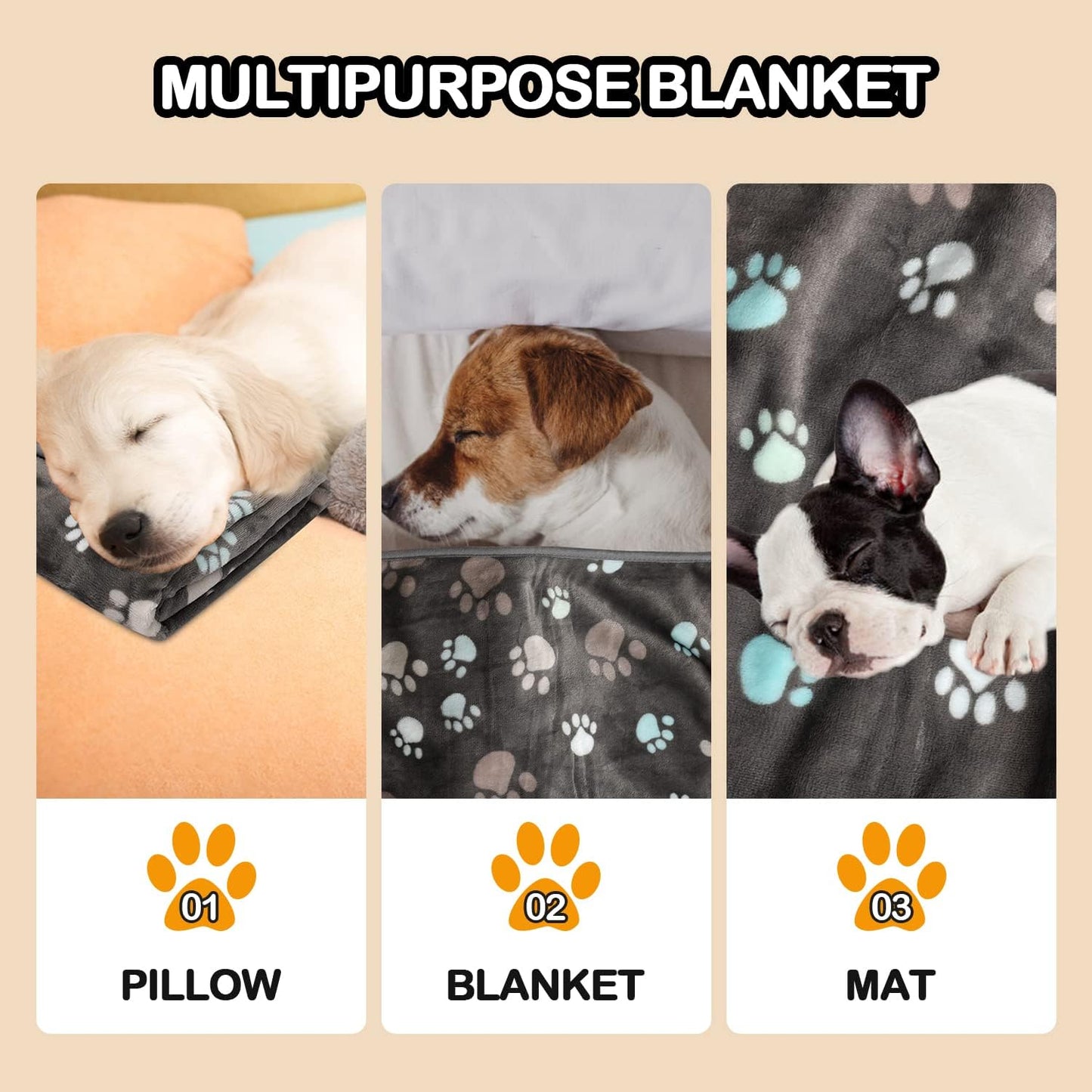 Rezutan Dog Blanket for Large Dogs, Upgraded 3 Pack Dog Cat Flannel Blankets Washable, Soft Pet Throw Cover Suitable for Kennel Crate Bed, Cute Paw Pattern, Grey, 31" x 41"