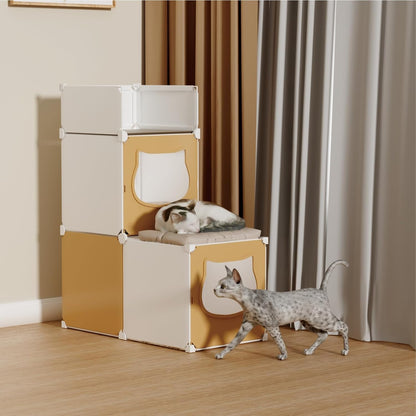 Small Cat Cage Indoor, DIY Cat Playpen Enclosure Crate Kennel with Top Platform, 2-Tier Cute Pet House for 1-2 Kitten