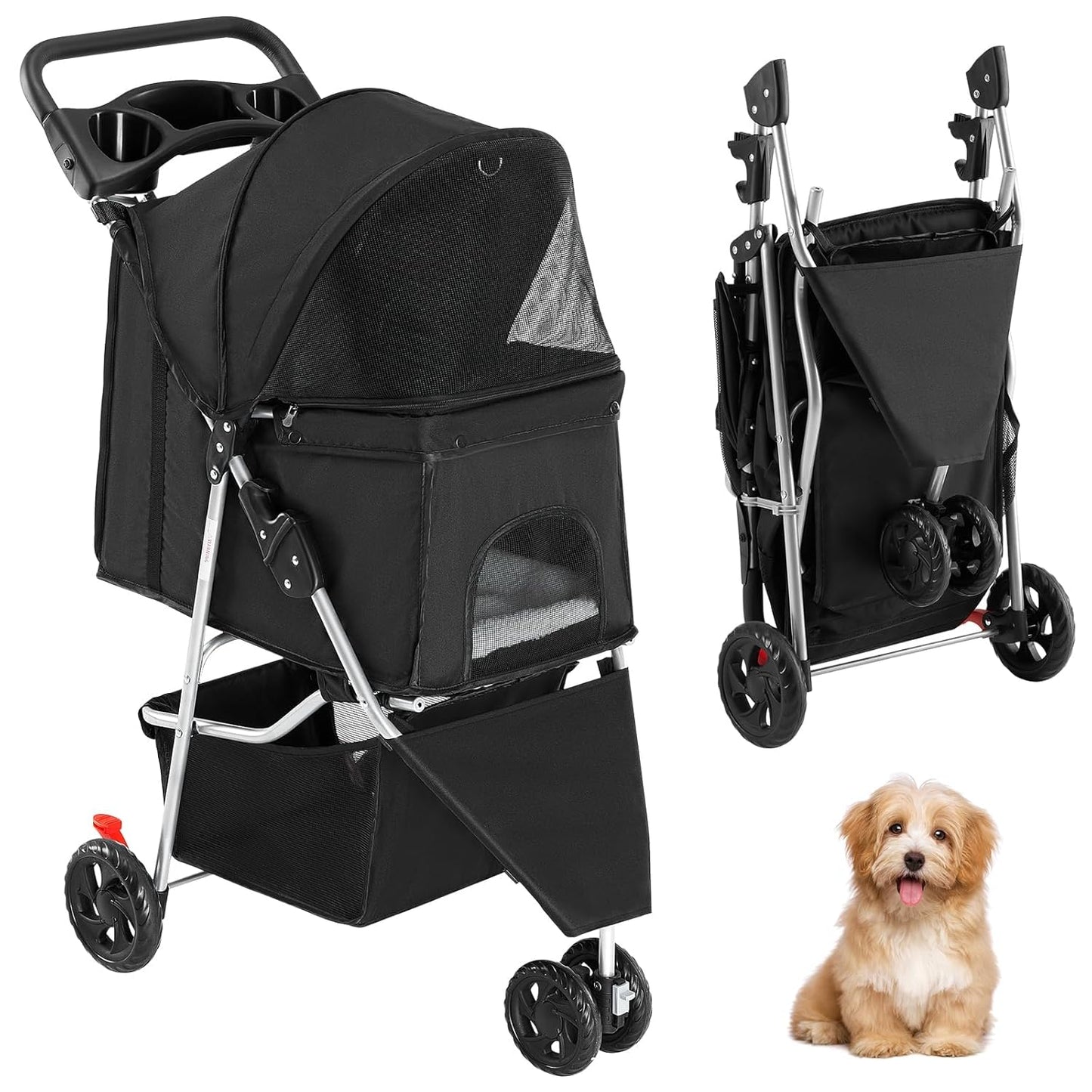 Smug Pet Stroller for Dogs and Cats, Foldable, Lightweight and Durable, Ideal for Small to Medium Pets, Includes Storage Basket and Cup Holders