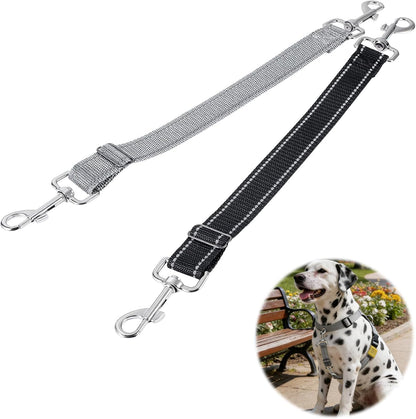 2 Pack Dog Collar Safety Clip, Adjustable Dog Safety Clip with Reflective Double Ended Backup Clasp, Leash Connector for Harness to Collar (Grey & Black)