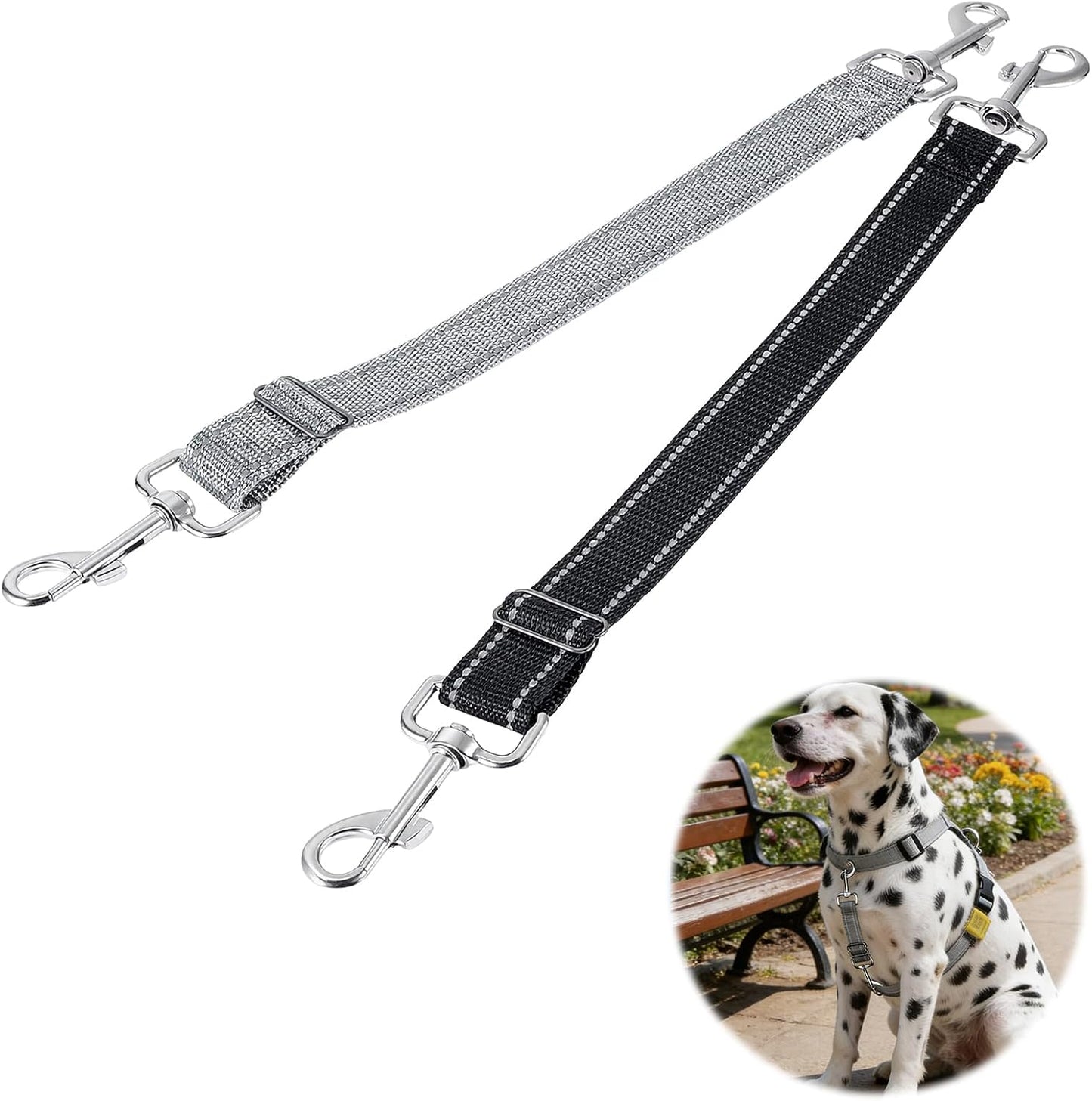 2 Pack Dog Collar Safety Clip, Adjustable Dog Safety Clip with Reflective Double Ended Backup Clasp, Leash Connector for Harness to Collar (Grey & Black)