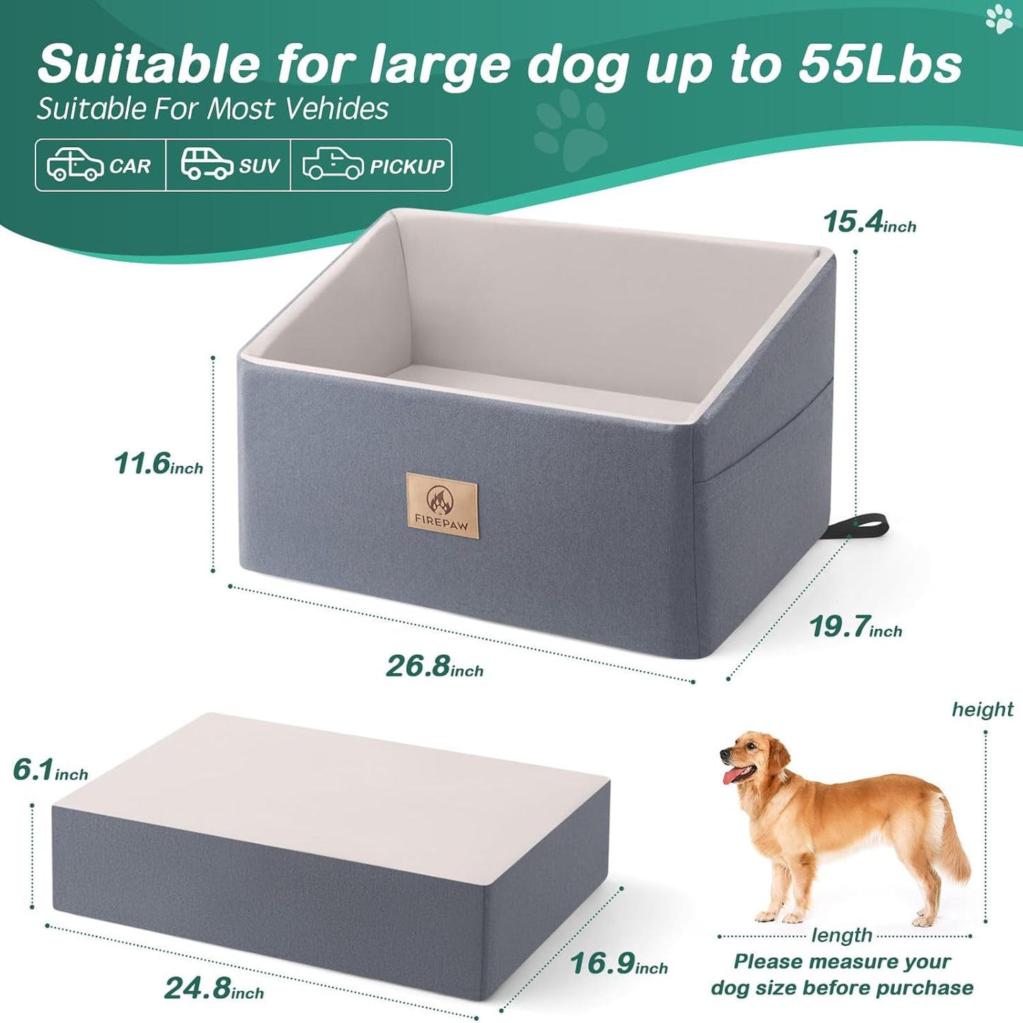 Dog Car Seat for Large Dog, Dog Booster Car Seat for 55Lbs or 2 Small Dogs, Detachable and Washable Travel Dog Bed with Thick Cushion and Storage Pockets, Dog Seat Belt for Car