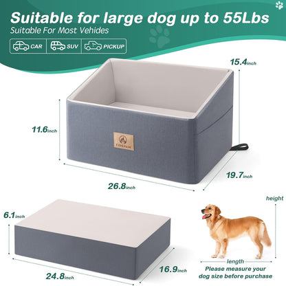 Dog Car Seat for Large Dog, Dog Booster Car Seat for 55Lbs or 2 Small Dogs, Detachable and Washable Travel Dog Bed with Thick Cushion and Storage Pockets, Dog Seat Belt for Car