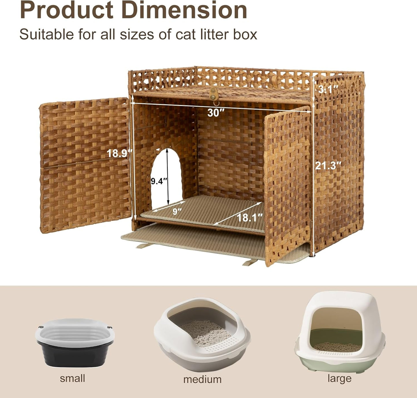 Hidden Cat Litter Box Enclosure Furniture - Handwoven Rattan Pet House with Removable Mat, Elevated Metal Feet, Large 30.3x18.2x24.5 Inches for Modern Design Indoor Living