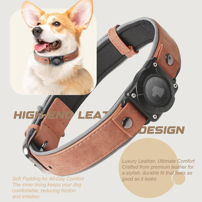 AirTag Dog Collar - Leather Dog Collar with Air Tag Holder | IPX8 Waterproof, Reflective, High - End, Adjustable Soft Padded | Dog GPS Tracker Collars Fit for Medium Large Dogs (MahoganyBrown, M)