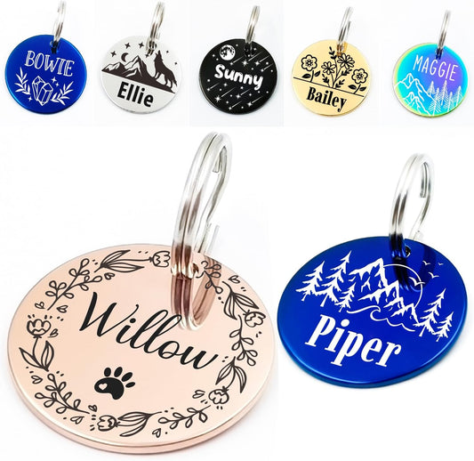 Personalized Pet ID Tags, Customizable Hexagon, Bone and Round Shapes, Multiple Designs with Mountain, Floral, and Night Sky Patterns, Stainless Steel Dog and Cat Tags (Circle)