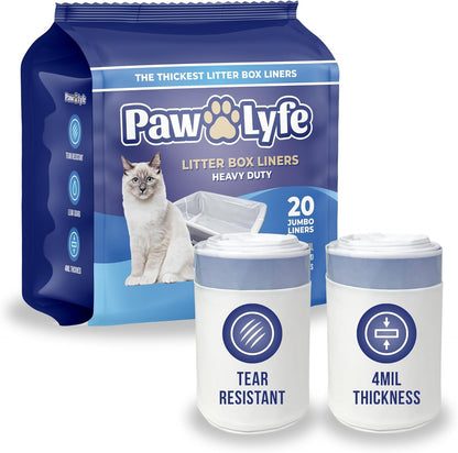 PawLyfe Jumbo Cat Litter Box Liners - 4MIL Extra Thick Heavy Duty Drawstring Kitty Litter Bags - Scratch and Tear-Resistant XL Cat Pan Liners for Easy Litterbox Cleanup - 36" x 18" - Box of 20 Liners