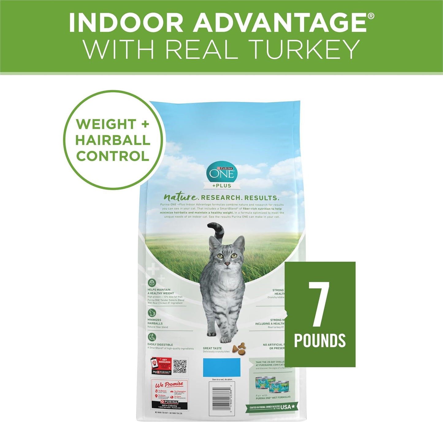 Purina ONE Natural, Low Fat, Weight Control, Indoor Dry Cat Food, +Plus Indoor Advantage - 7 lb. Bag
