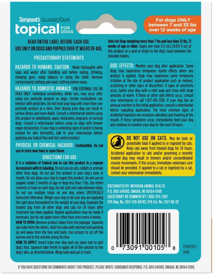 Sergeant's Guardian Flea & Tick Squeeze On for Dogs 7-33 lbs., 3 Count