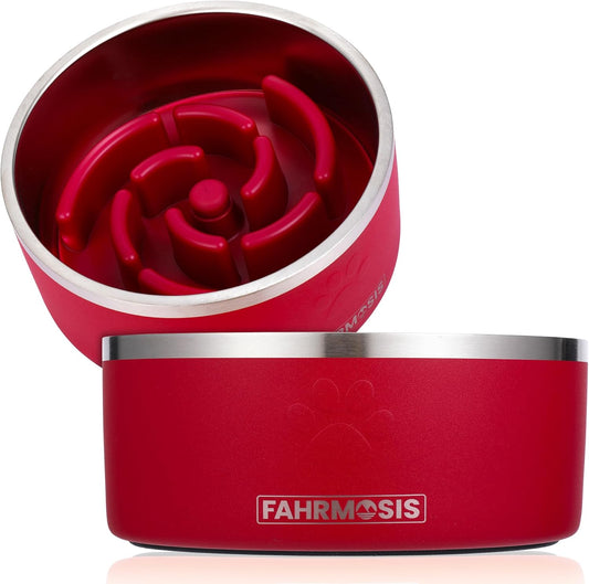 64 OZ Dog Bowl with Slow Feeder Insert Stainless Steel Pet Water Bowl for Medium & Large Breed Non Slip Rubber Base & Plastic Puzzle Feeder - Red