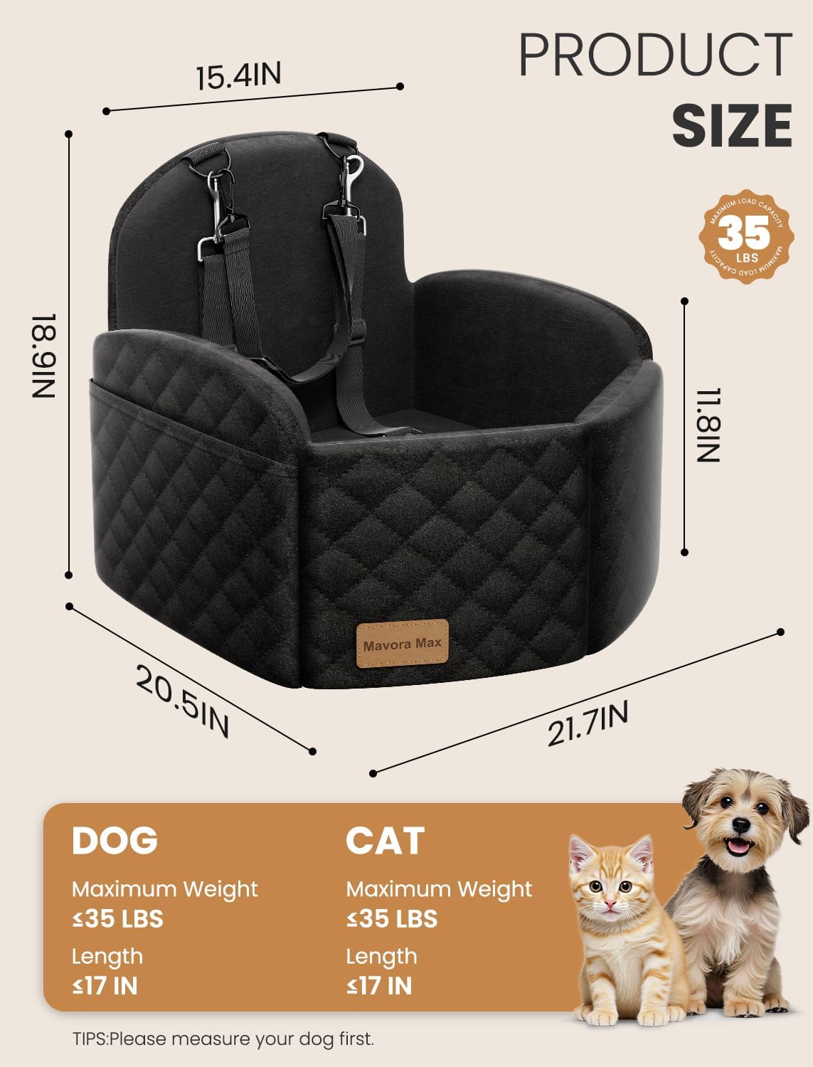 Dog Car Seat for Small/Medium Dogs, Elevated Dog Booster Seat Memory Foam Puppy Car Seat with Washable Cover, Travel Safety Pet Seat Bed for Car with Storage Pockets Up to 35 lbs (Black)