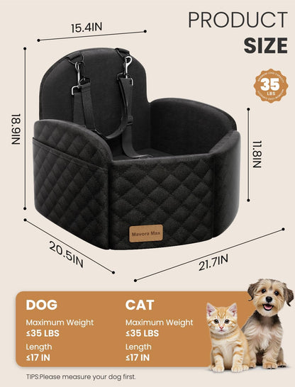 Dog Car Seat for Small/Medium Dogs, Elevated Dog Booster Seat Memory Foam Puppy Car Seat with Washable Cover, Travel Safety Pet Seat Bed for Car with Storage Pockets Up to 35 lbs (Black)