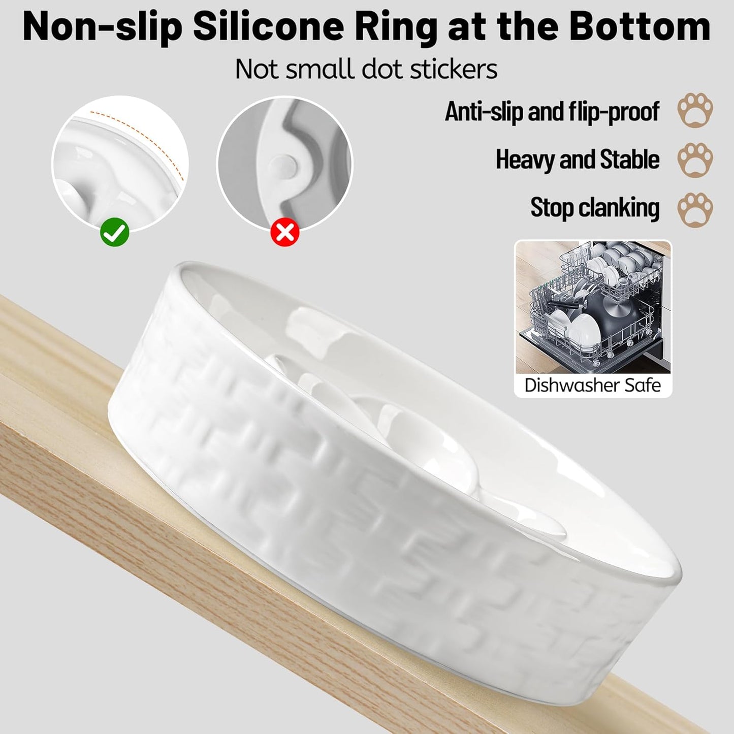 Slow Feeder Dog Bowls, Non Slip Ceramic Dog Bowl with Silicone Base, Slow Eating and Water Drinking Bowls, Heavy Food Bowl for Medium and Large Breed(White, 8")