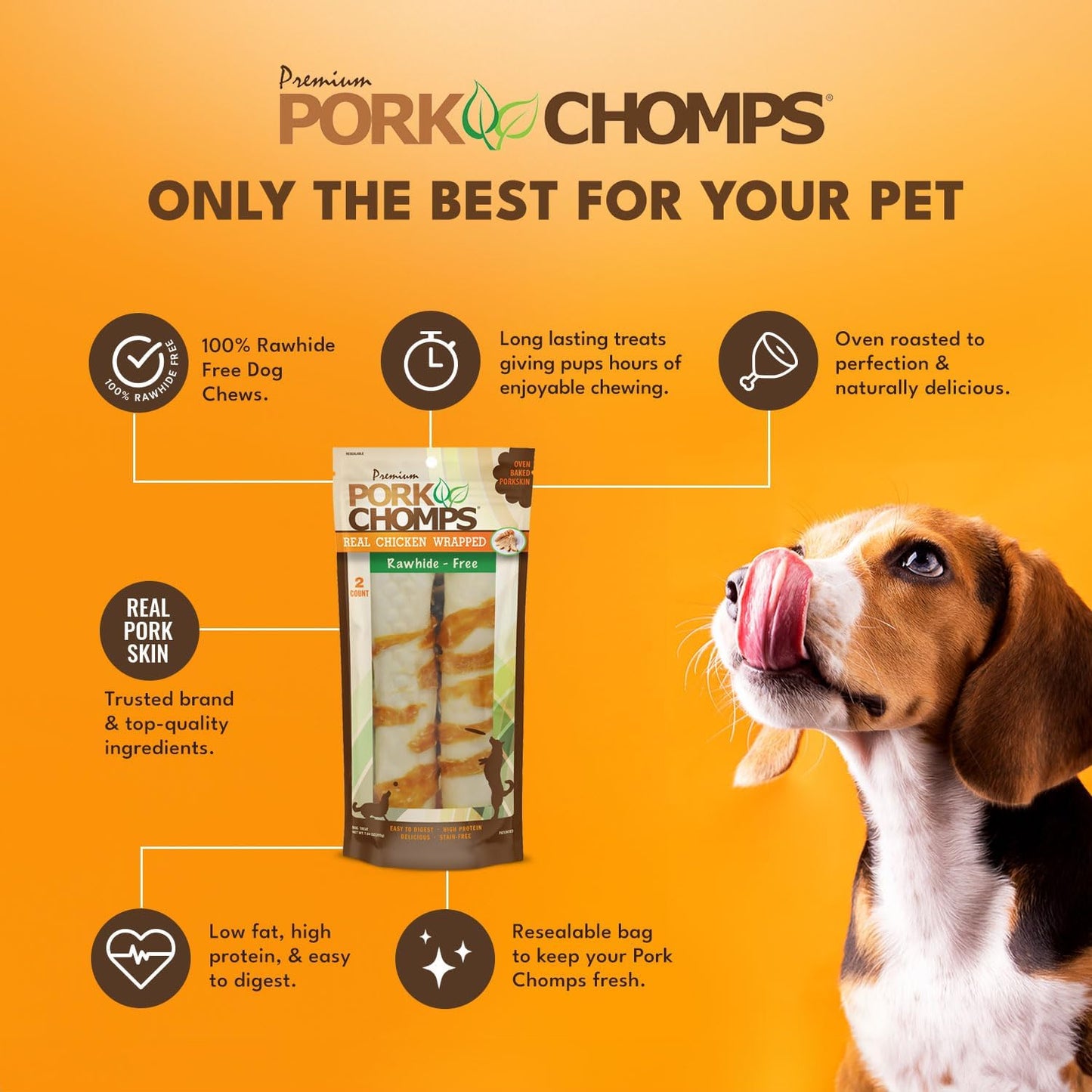 Pork Chomps Baked Pork Skin Dog Chews, 8-inch Rolls, Real Chicken Wrap, 2 Count